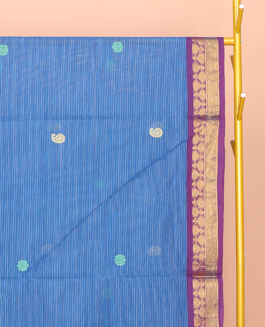 Blue Venkatagiri Cotton Saree Features Buttas and Stripes, a Contrast Traditional Zari Border, Pallu of Buttas and Stripes, and No Blouse