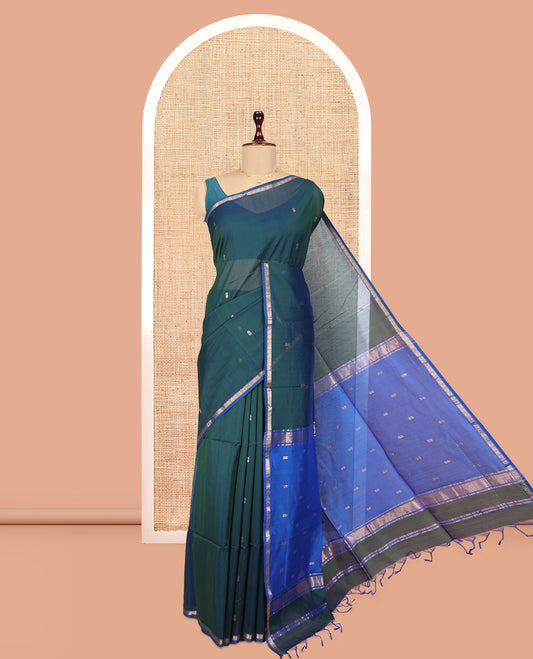 Blue Maheshwari Cotton Saree, Ornamented with Zari Buttas, a Contrast Piping Zari Border, Pallu of Zari Buttas, and a Contrast Blouse