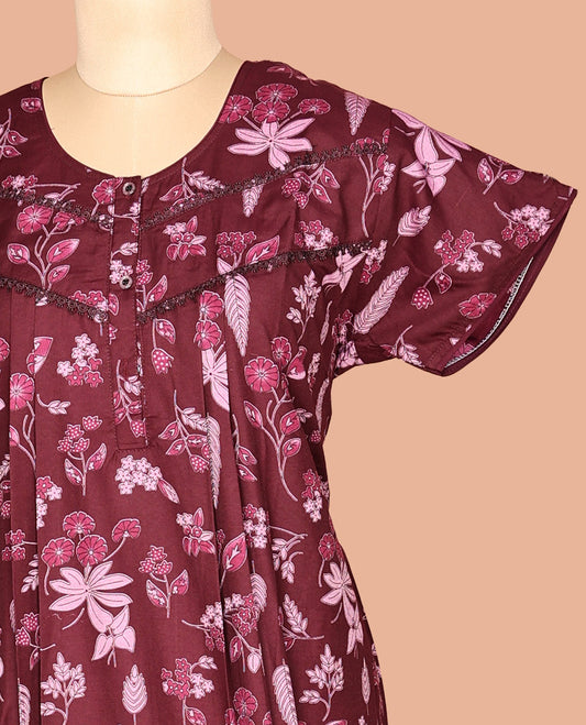 Maroon Tropical Cotton-Blended Nighty