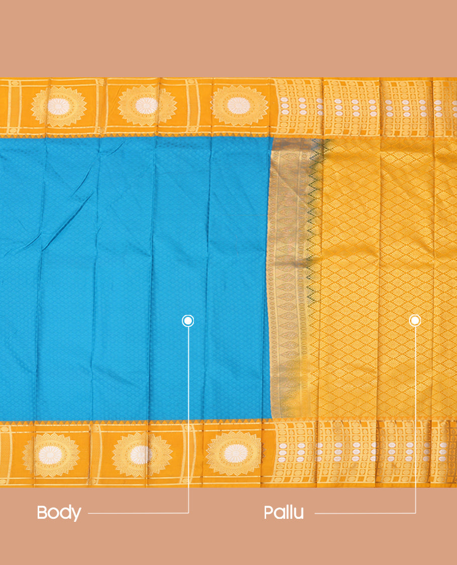 Blue Embossed Budget Silk Saree,, Complemented by Contrast Chakram Zari Border, a Grand Jaal Pallu and a Contrast Blouse