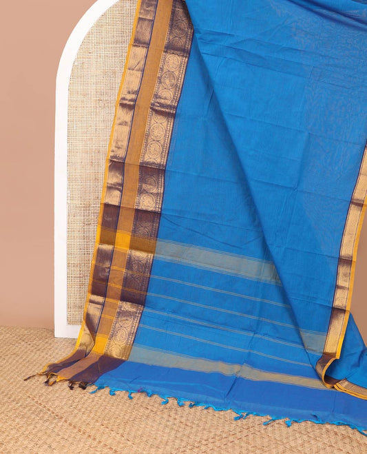 Blue chettinad cotton saree with contrast traditional zari design border & striped pallu