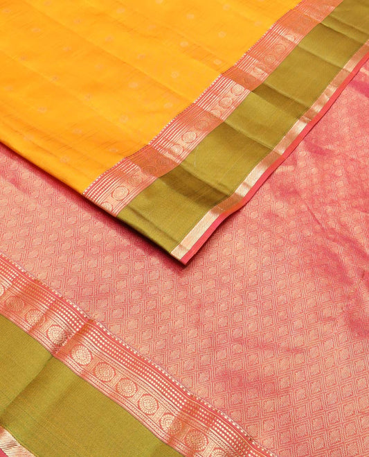 Yellow stripes & zari buttas silk saree, contrast jaal pallu & rettai pettu border of banaras,neli,chakram & kattari designs