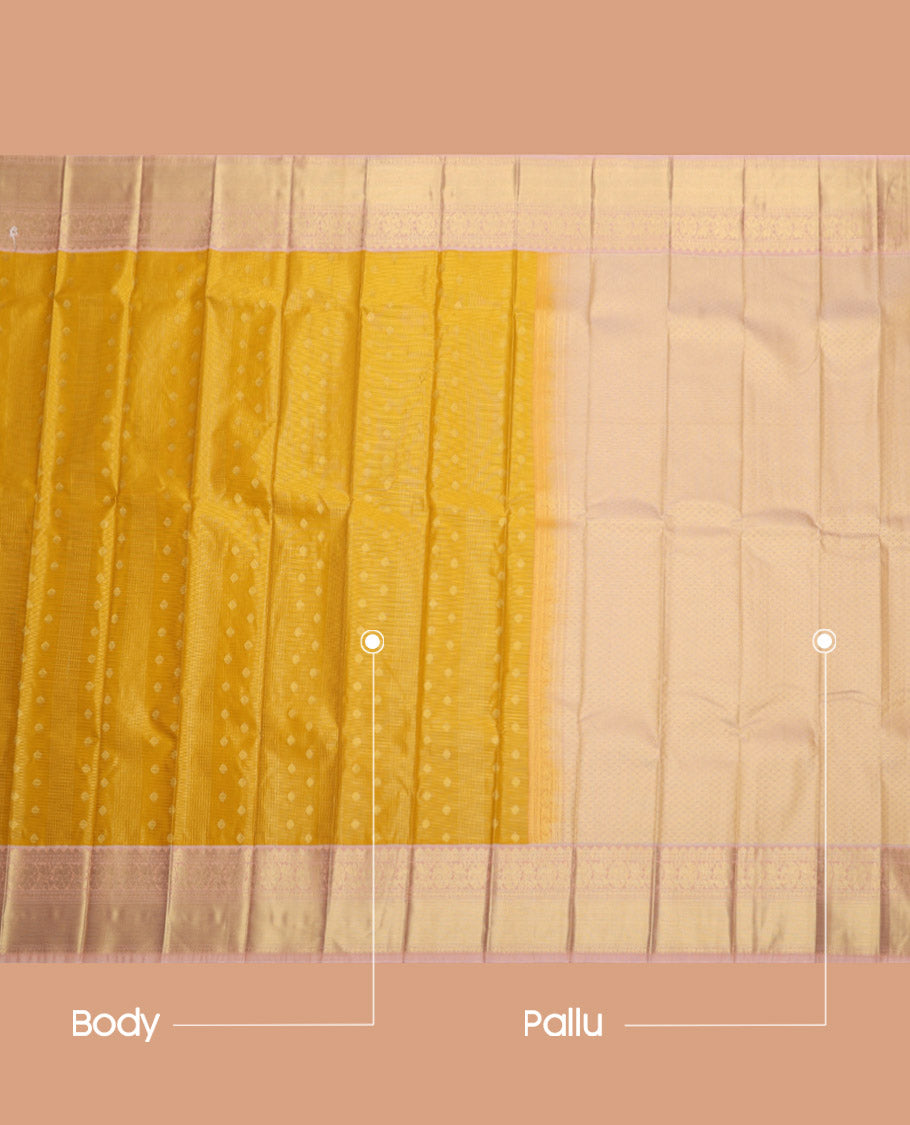 Mustard Budget Silk Saree, Richly Detailed with Zari Buttas and Checks, Complemented by a Contrast Traditional Zari Border, Zari Pallu, and a Contrast Blouse