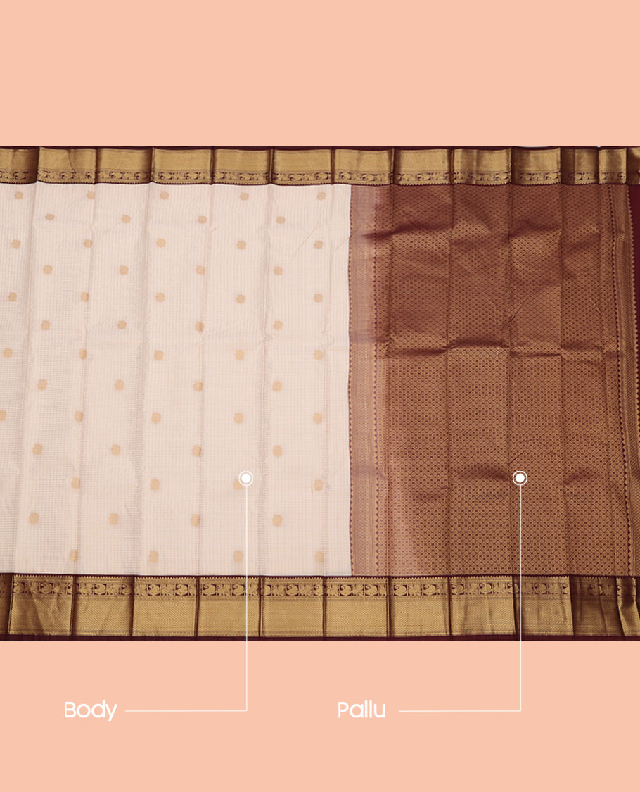 Off-White Budget Silk Saree, Subtly Sparkled with Zari Butta and Checks, Complemented by a Contrast Traditional Zari Border, Jaal Pallu, and Contrast Blouse