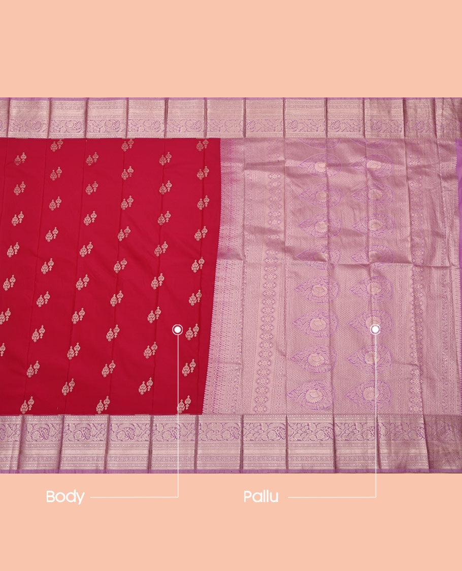 Pink Budget Silk Saree, Featuring Zari Buttas All Over Its Body, Complemented by a Contrast Traditional Zari Design Border, Intricately Designed Pallu, and Paired with a Contrast Blouse