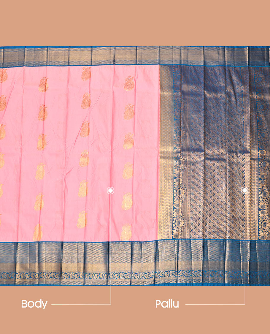 Pink Budget Silk Saree, Bedecked with Zari Buttas, Complemented by Contrast Traditional Zari Border, an Intricate Pallu and a Contrast Blouse