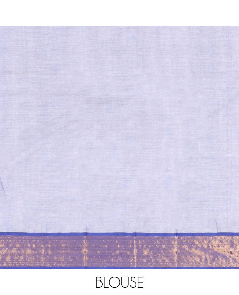 Blue Andhra Cotton Saree, Adorned with Bird Motifs Print, a Contrast Zari Border, a Pallu of Bird-Print, and a Matching Blouse
