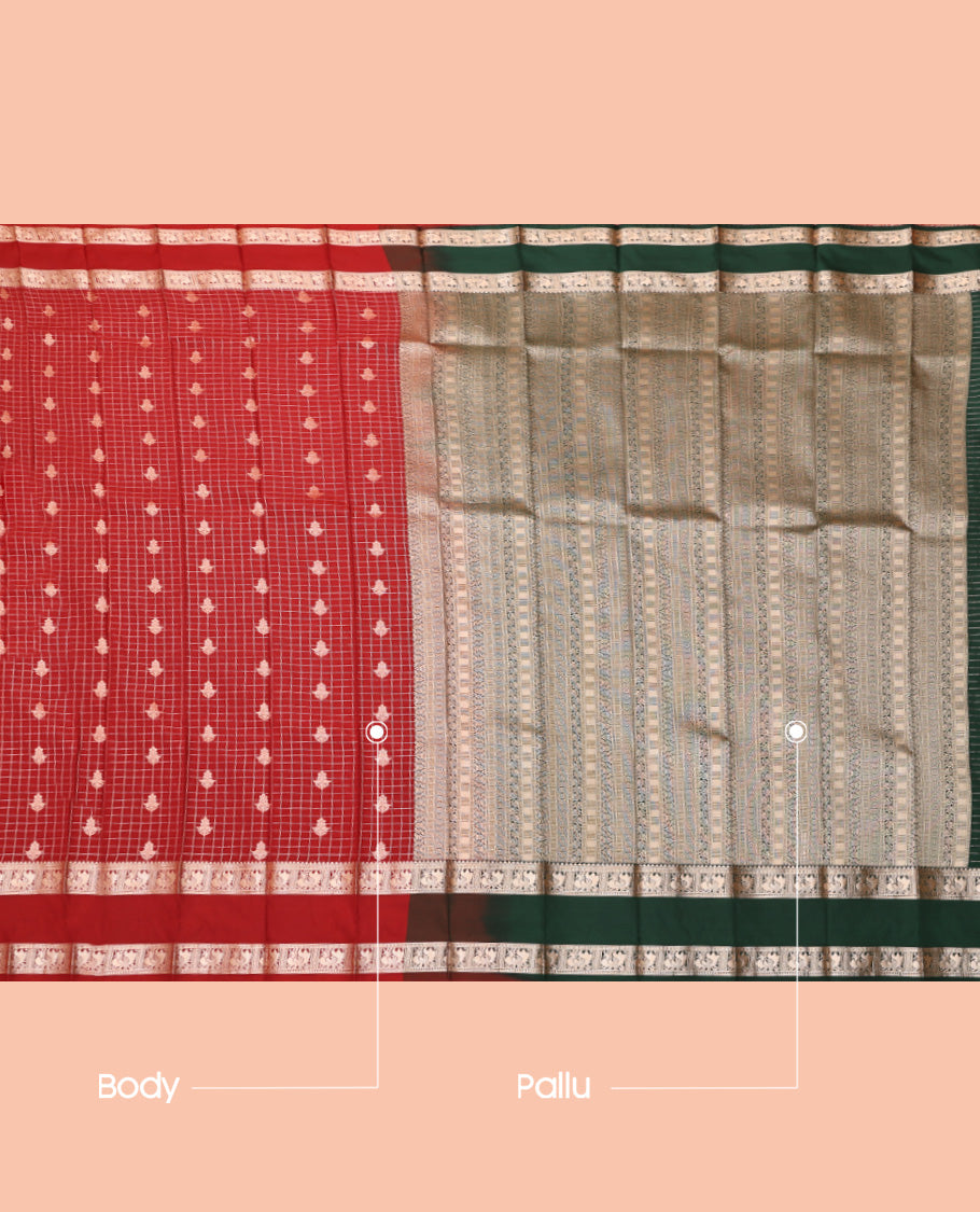 Maroon Budget Silk Saree, Prettified with Zari Buttas and Checks, a Traditional Zari Rettai Pettu Border, Contrast Geometric Pallu, and a Contrast Blouse