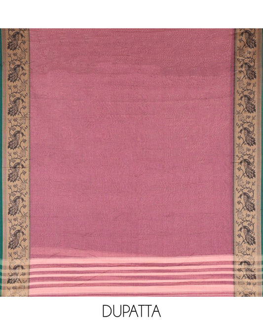Pink Mercerised Cotton Material Churidar Set, Subtly Made Plain with Contrast Floral-Peacock Bordered Top, a Mercerised Cotton Bottom, and Paired with a Mercerised Cotton Peacock-Bordered Dupatta