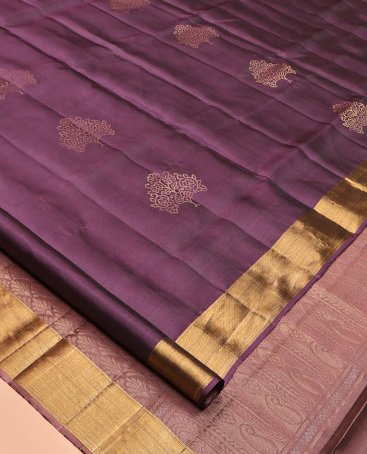 Purple Mayuri Lite Silk Mix Saree, Beautifully Bedecked with Zari Buttas All Over Its Body, Highlighted by Zari Bavanji Border, Complemented by Contrast Pallu of Intricate Designs, and Paired with a Contrast Blouse