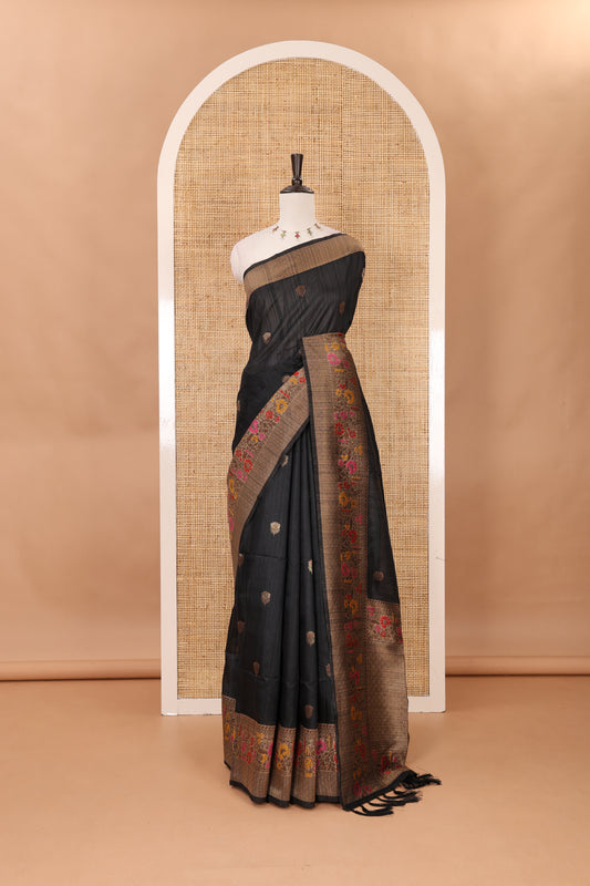 Black floral zari buttas jute silk saree, contrast meenakari floral creeper & jaal design border, jaal pallu & matching plain blouse