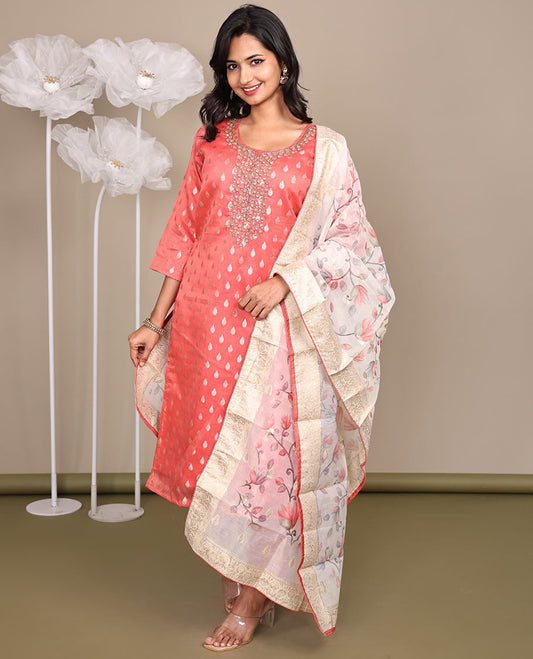 Pink Ready-Made Rayon Suit, Adorned with Round-Neckline Embroidery, 3/4 Sleeves, and a Straight-Cut Top, Paired with Straight-Cut Pants and a Floral Vine Embroidered Dupatta