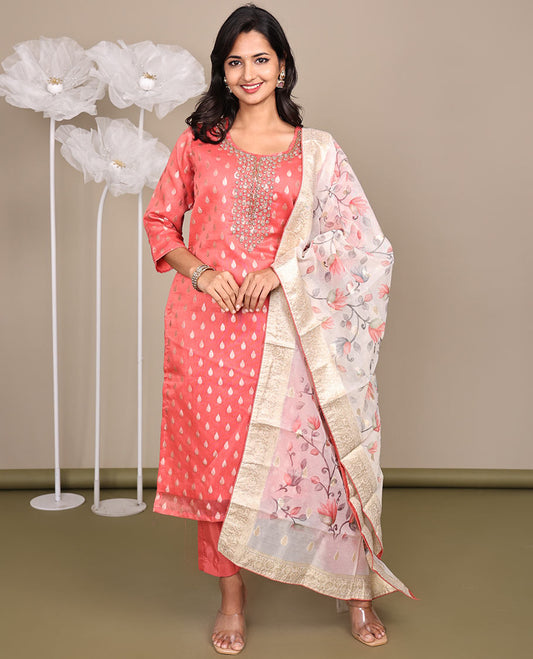 Pink Ready-Made Rayon Suit, Adorned with Round-Neckline Embroidery, 3/4 Sleeves, and a Straight-Cut Top, Paired with Straight-Cut Pants and a Floral Vine Embroidered Dupatta