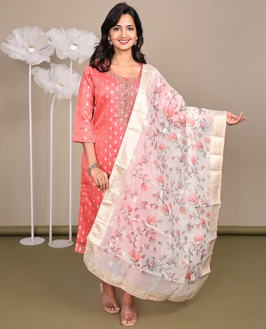 Pink Ready-Made Rayon Suit, Adorned with Round-Neckline Embroidery, 3/4 Sleeves, and a Straight-Cut Top, Paired with Straight-Cut Pants and a Floral Vine Embroidered Dupatta