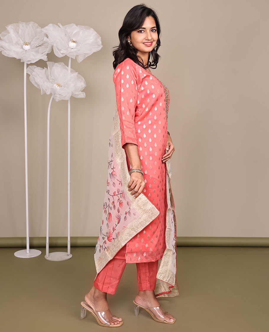 Pink Ready-Made Rayon Suit, Adorned with Round-Neckline Embroidery, 3/4 Sleeves, and a Straight-Cut Top, Paired with Straight-Cut Pants and a Floral Vine Embroidered Dupatta