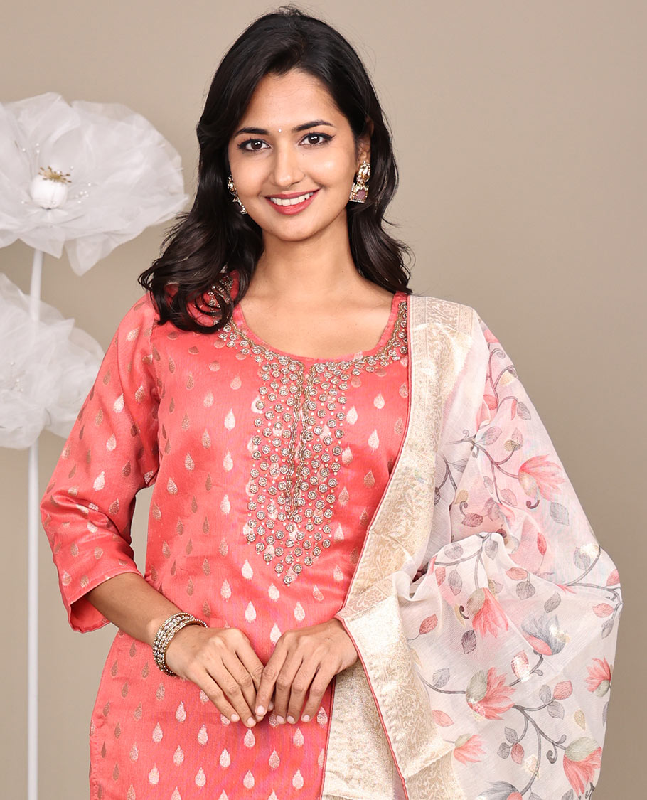 Pink Ready-Made Rayon Suit, Adorned with Round-Neckline Embroidery, 3/4 Sleeves, and a Straight-Cut Top, Paired with Straight-Cut Pants and a Floral Vine Embroidered Dupatta