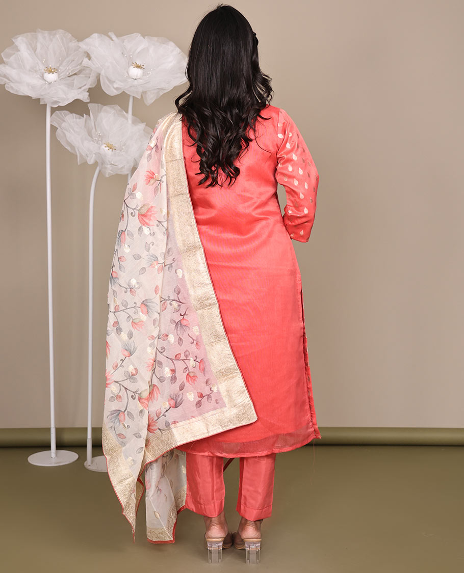 Pink Ready-Made Rayon Suit, Adorned with Round-Neckline Embroidery, 3/4 Sleeves, and a Straight-Cut Top, Paired with Straight-Cut Pants and a Floral Vine Embroidered Dupatta