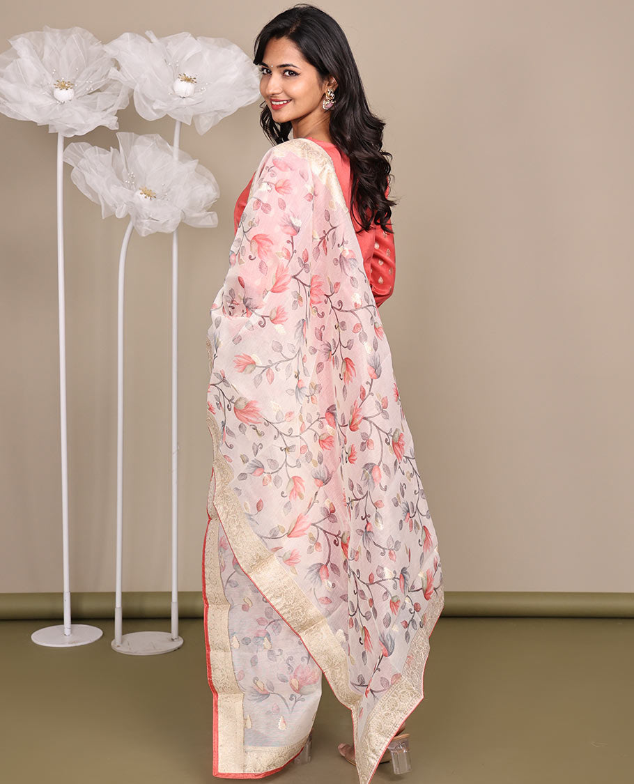 Pink Ready-Made Rayon Suit, Adorned with Round-Neckline Embroidery, 3/4 Sleeves, and a Straight-Cut Top, Paired with Straight-Cut Pants and a Floral Vine Embroidered Dupatta