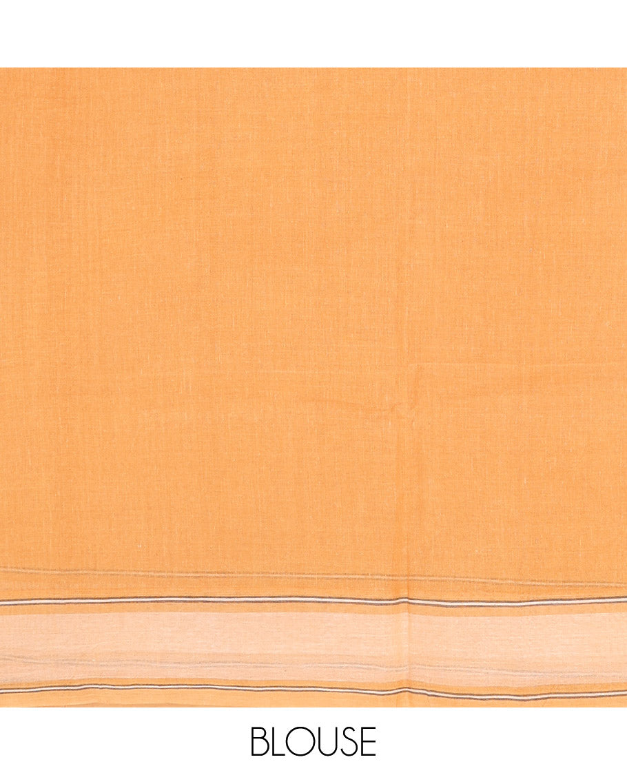 Orange Bengal Cotton Saree, Woven with Buttas, a Subtle Border, Pallu of Stripes, and a Matching Blouse