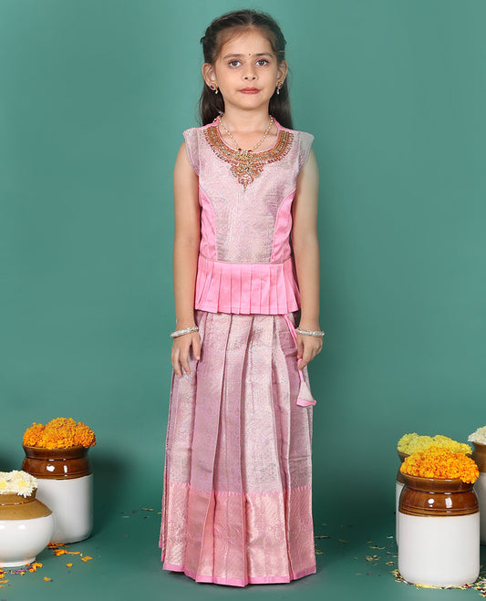 Pink readymade art silk pavadai, jacquard & contrast traditional border skirt, & jacquard embroidery sleeveless round-neck blouse