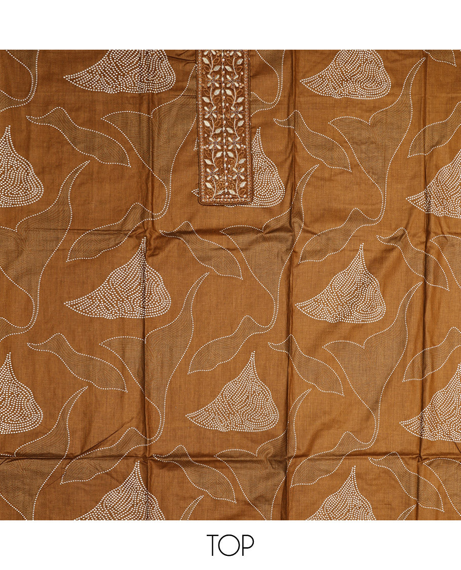 Brown Material Chudidar Set, Embellished with Abstract Print and Neck Embroidered Cotton Top, a Printed Cotton Bottom, and Paired with a Ikkat-Style Geometric Printed Cotton Dupatta