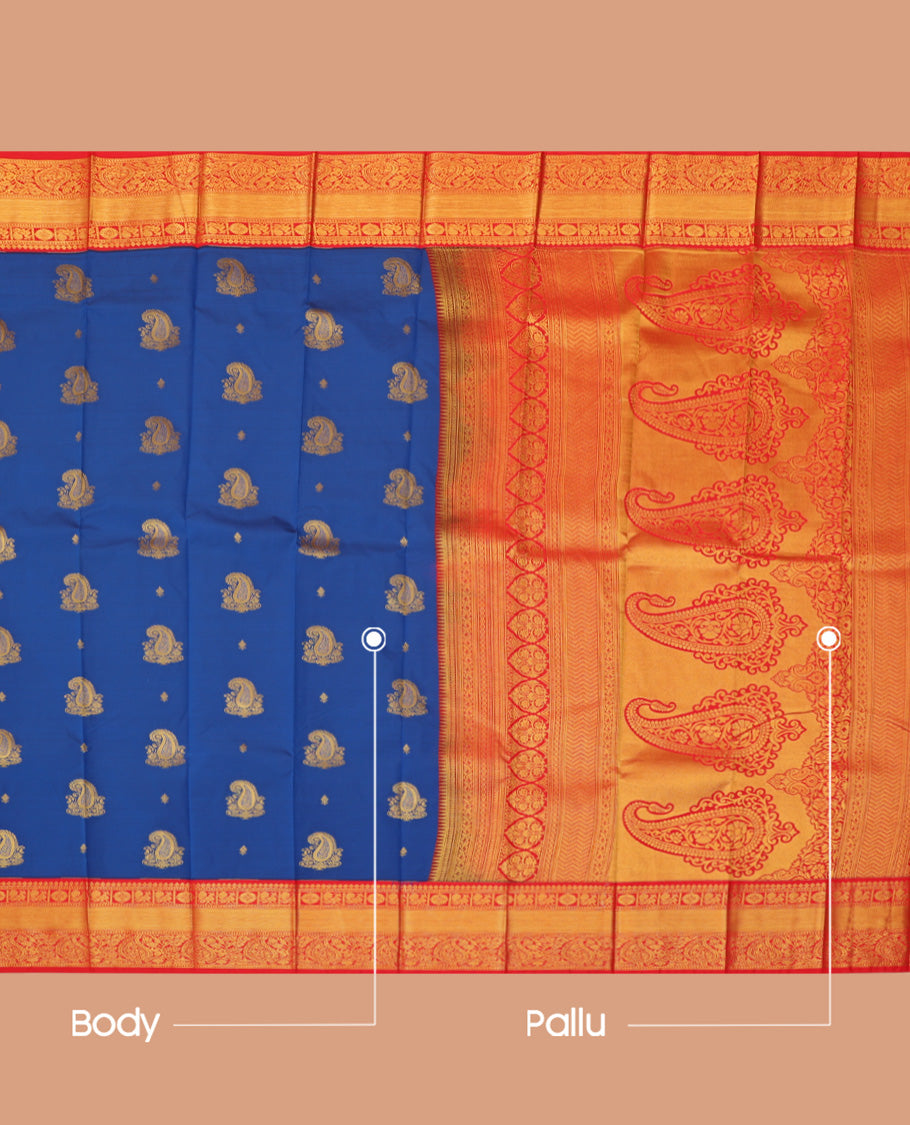 Royal Blue Budget Silk Saree, Elevated with Zari Buttas, a Contrast Traditional Zari Border, Grand Pallu, and a Contrast Blouse