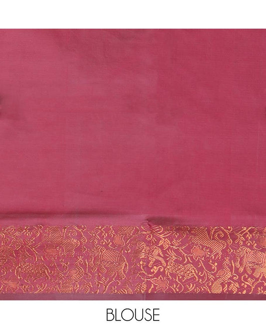 Pink floral motifs banana pith saree with contrast zari border & striped , floral motifs pallu