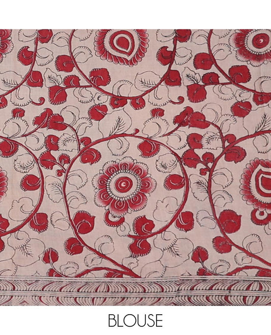 Blue floral vine design machine-printed kalamkari cotton saree with floral design border & pracock, geometric design pallu