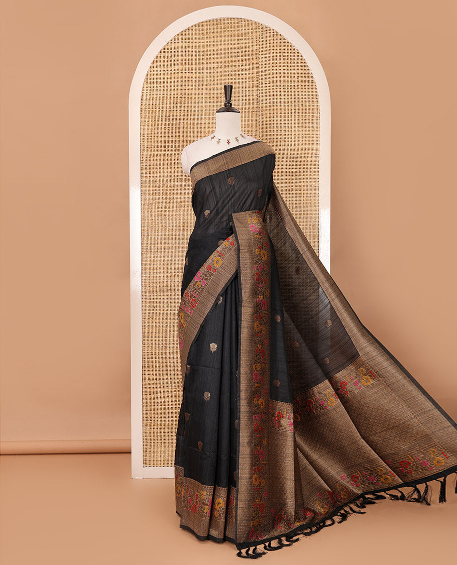 Black floral zari buttas jute silk saree, contrast meenakari floral creeper & jaal design border, jaal pallu & matching plain blouse