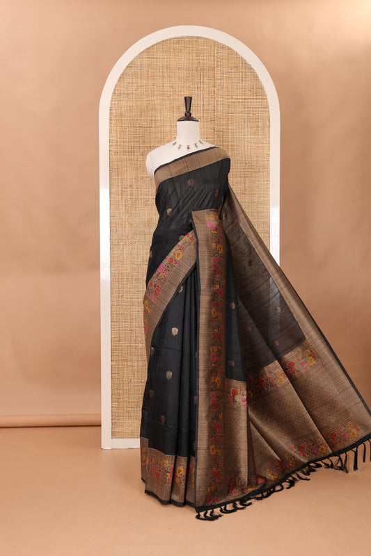 Black floral zari buttas jute silk saree, contrast meenakari floral creeper & jaal design border, jaal pallu & matching plain blouse