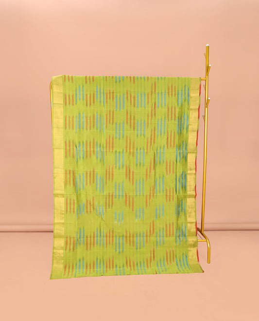 Green Poly Cotton Saree, Subtly Sparked with Buttas, Subtle Bavanji Border, Complemented by Contrast Pallu of Stripes, and Paired with a Contrast Blouse