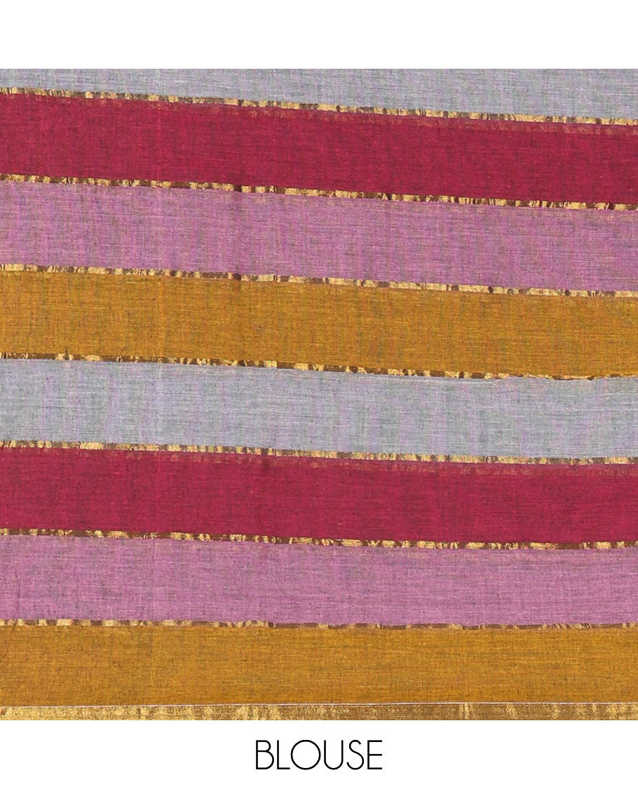Kaleidoscope-color striped khadi cotton saree, zari piping border, multi-color tassels pallu & colorful striped blouse