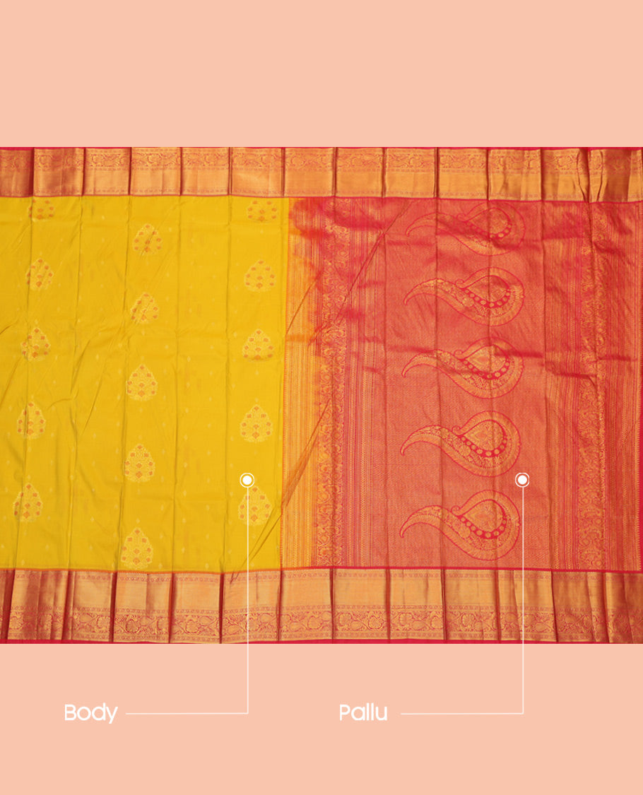 Yellow Budget Silk Saree, Woven with Zari Buttas, a Contrast Traditional Zari Border, Grand Pallu, and a Contrast Blouse