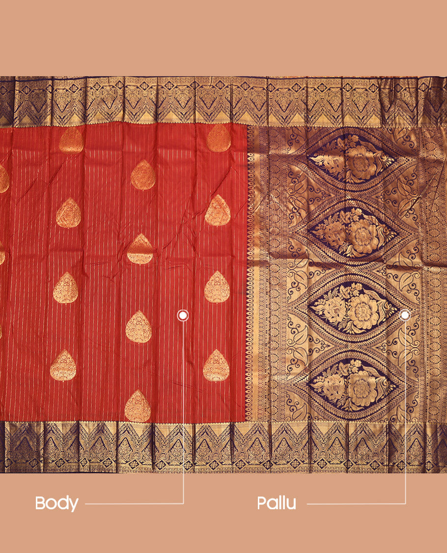Rust Budget Silk Saree, Embellished with Zari Buttas and Stripes, Complemented by a Contrast Traditional Border, Grand Pallu, and a Contrast Blouse