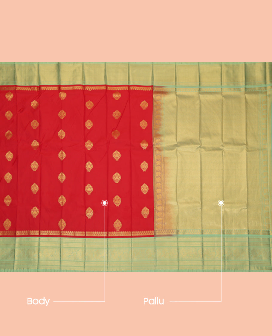 Red Budget Silk Saree, Embellished with Zari Buttas, Complemented by Contrast Traditional Zari Border, a Grand Pallu and a Contrast Blouse