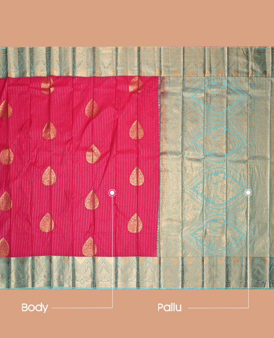 Pink Budget Silk Saree, Adorned with Zari Buttas and Stripes, Contrast Traditional Zari Border, Grand Pallu, and a Contrast Blouse