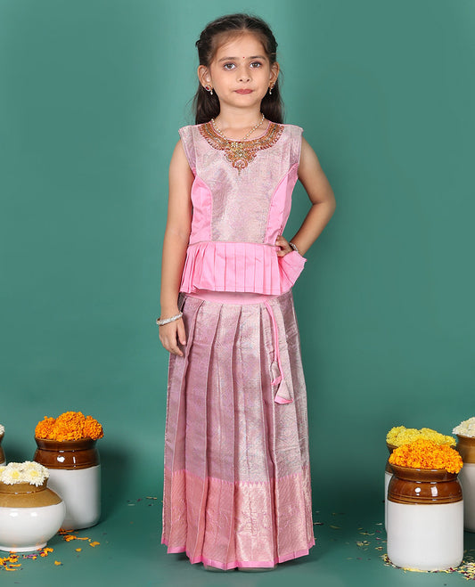 Pink readymade art silk pavadai, jacquard & contrast traditional border skirt, & jacquard embroidery sleeveless round-neck blouse
