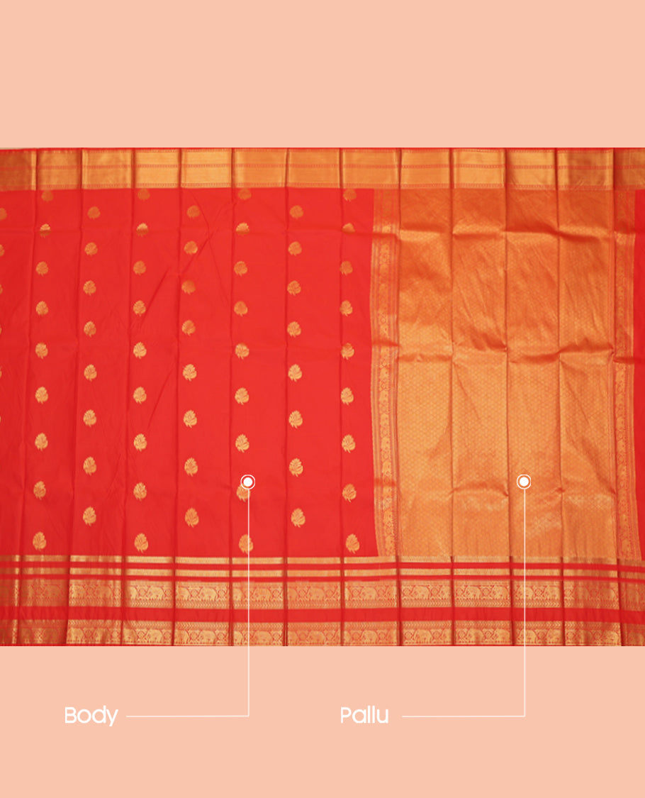Red Budget Silk Saree, Elevated with Zari Buttas, a Rettai Pettu Zari Traditional Border, a Jaal Pallu and a Matching Blouse