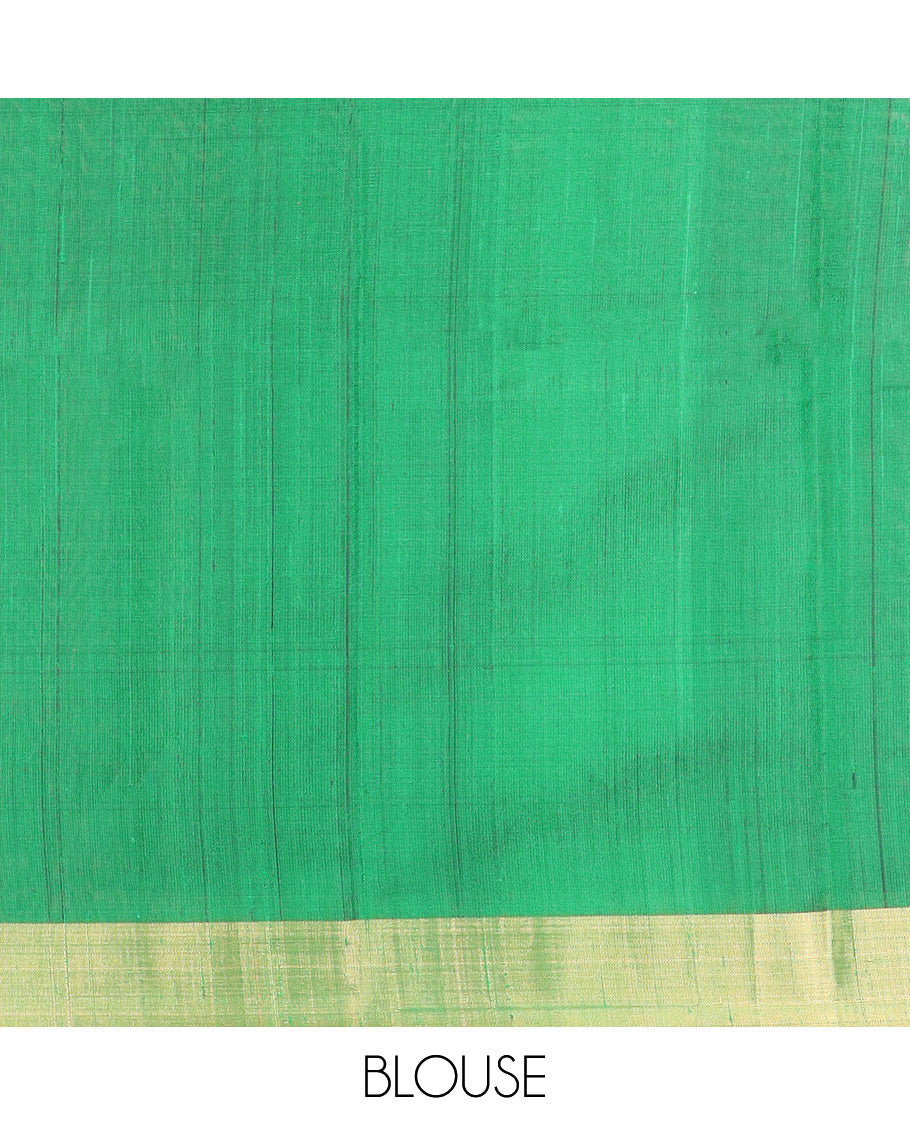 Green Dupion Silk Saree Prettified with Muniya Buttas All Over Its Body, Subtly Self-Zari Border of Muniya Designs, Colorfully Woven Pallu of Floral Motifs, and Paired with a Matching Blouse