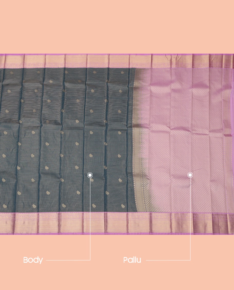 Blue Budget Silk Saree, Bedecked with Zari Buttas and Checks, a Contrast Traditional Zari Border, Grand Pallu, and a Contrast Blouse
