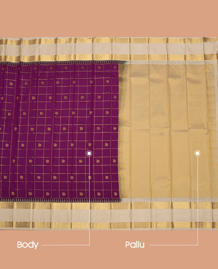 Purple Budget Silk Saree, Ornamented with Zari Butta Enclosed Checked Design on Its Body, Complemented by a Contrast Traditional Zari Design Rettai Pettu Border, Grand Pallu, and Paired with a Contrast Blouse