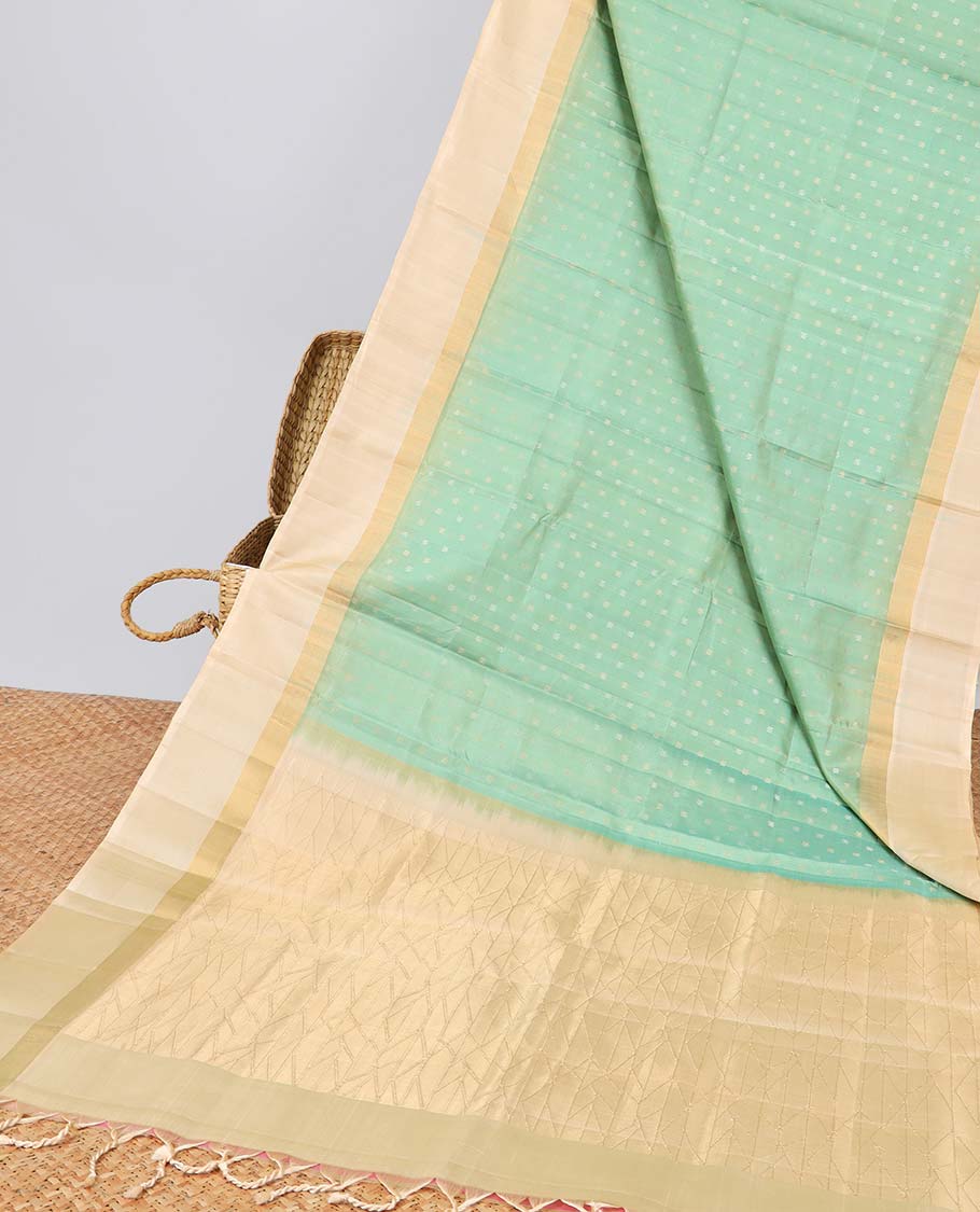 Green small buttas soft silk saree with contrast intricate zari border & geometric zari design pallu