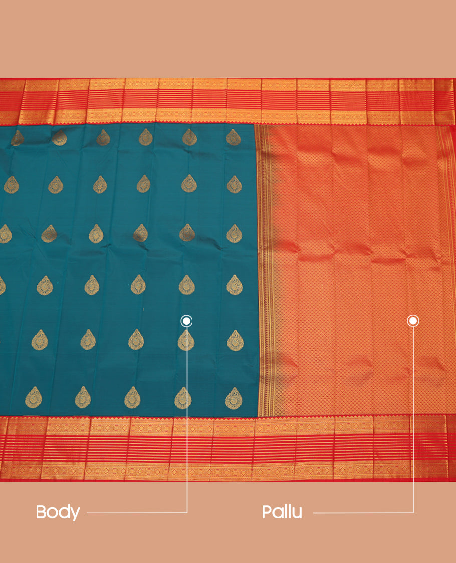 Blue Budget Silk Saree, Decorated with Zari Buttas, a Contrast Traditional Zari Border, Grand Pallu, and a Contrast Blouse