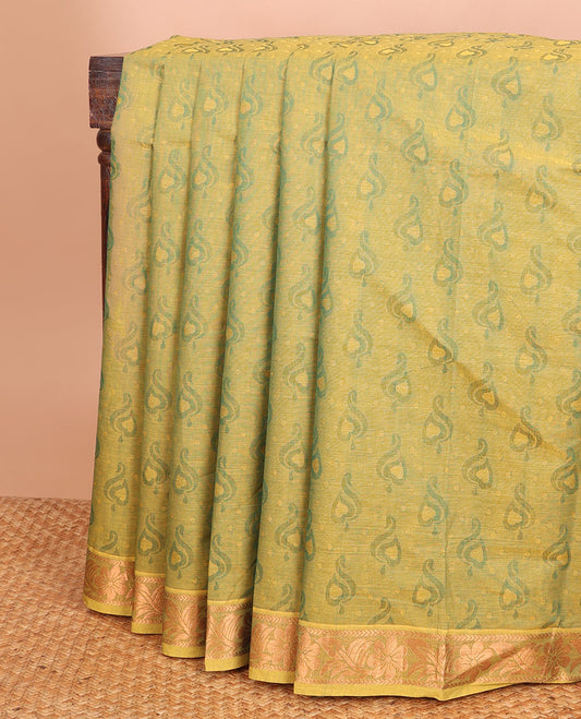 Green unique design Combatiore cotton saree, traditional zari design border & pallu steeped with paisley motifs