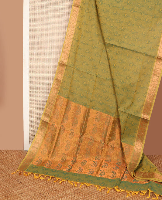 Green unique design Combatiore cotton saree, traditional zari design border & pallu steeped with paisley motifs