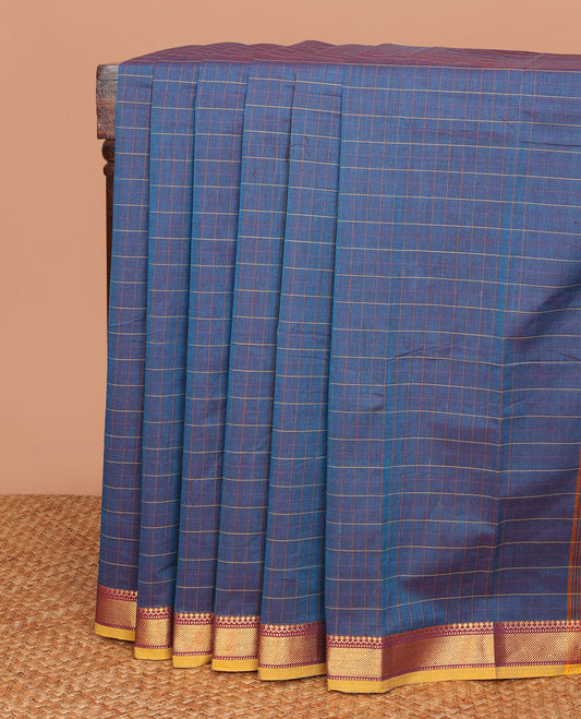 Blue dual-tone checked Chettinad cotton saree, contrast traditional zari border & striped pallu