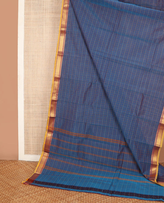 Blue dual-tone checked Chettinad cotton saree, contrast traditional zari border & striped pallu