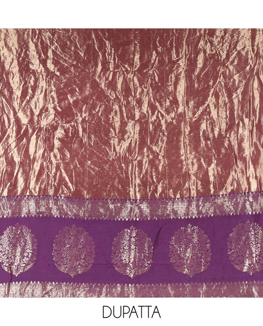 Purple Mul Chanderi Material Chudidar Set, Subtly Sparkled with Pom-Pom Neckline on Its Top, a Plain Bottom, and Paired with a Banaras Tissue Zari Decked Up Dupatta