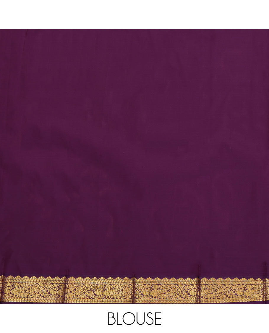 Orange Budget Silk Saree, Depicting Zari Buttas All Over Its Body, Complemented by a Contrast Traditional Zari Design Border of Peacocks, a Pallu Steeped with Traditional Design, and Paired with a Contrast Blouse