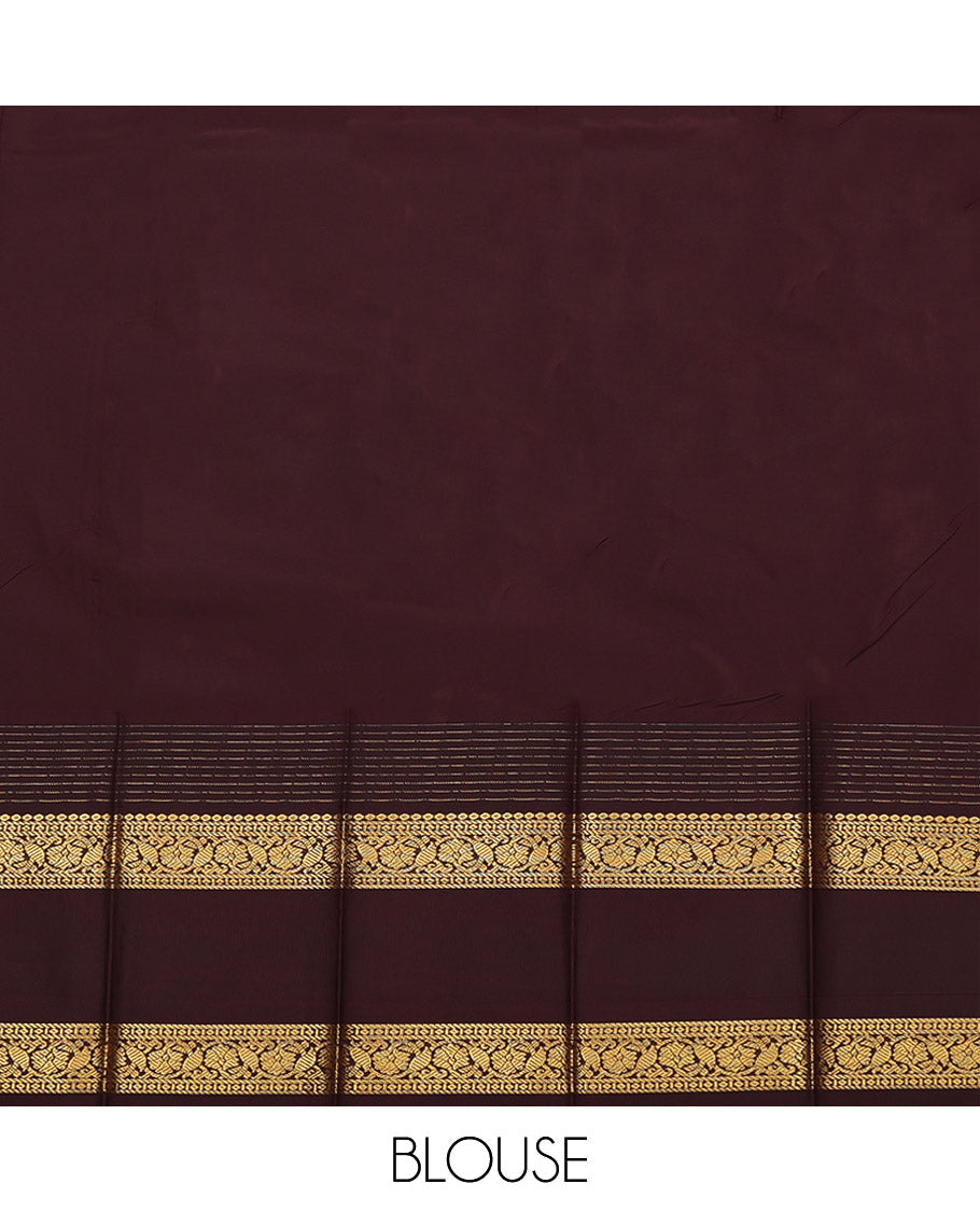 Rust Budget Silk Saree, Boldly Accentuated with Zari Buttas and Stripes on Its Body, Complemented by a Contrast Traditional Zari Design Rettai Pettu Temple Border, Grand Jaal Pallu, and Paired with a Contrast Blouse